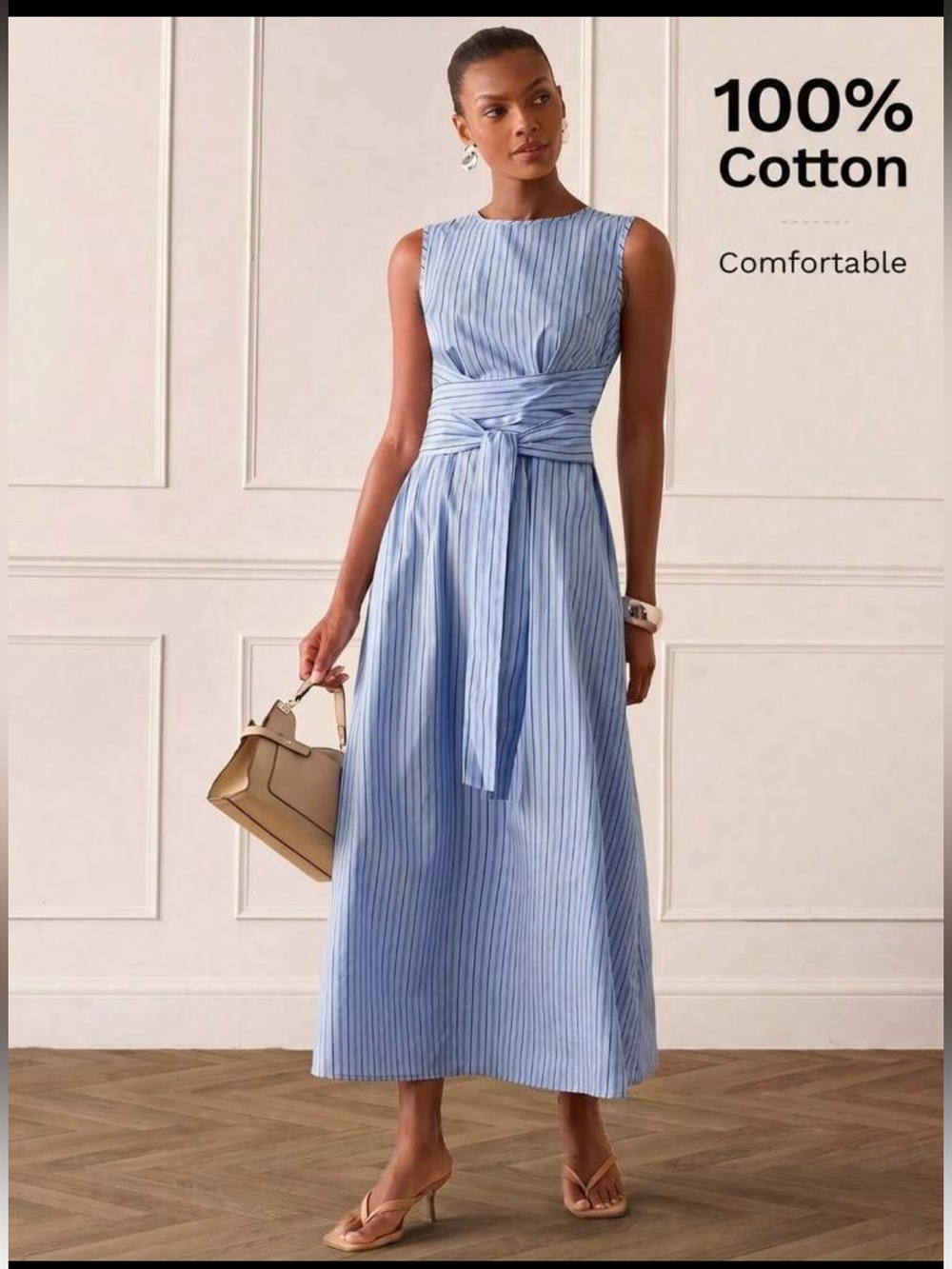Lilora Coastal French Style Sleeveless Blue/White Stripe Cotton Dress Waist Tie